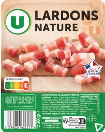lardons nature qualité supérieure vpf barquette 200g u¤lardons nature vpf u bio 2x75g 150g¤allumettes de porc fumées vpf u 2x100g — photo 3 sur 3