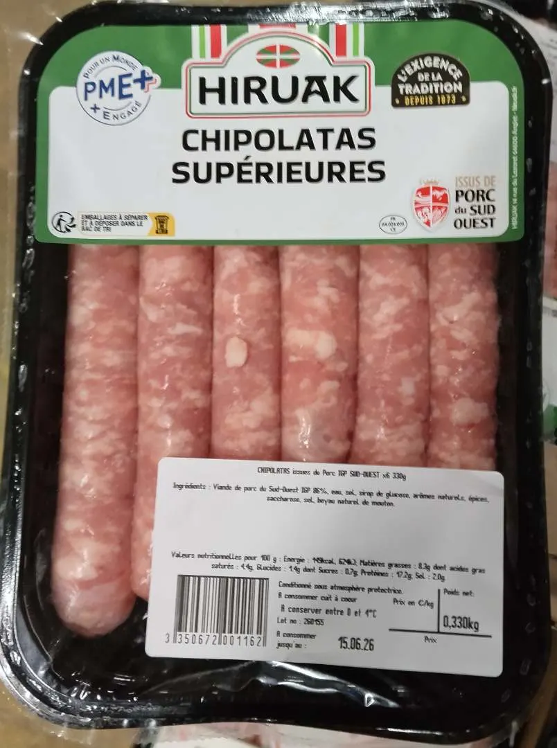 chipolata issue porc igp sud-ouest x6 330g¤chipolata issue porc igp sud-ouest x12 660g¤plateau sud-ouest 650g¤chipolata issue porc igp sud-ouest trad 1.98kg — photo du produit rappelé